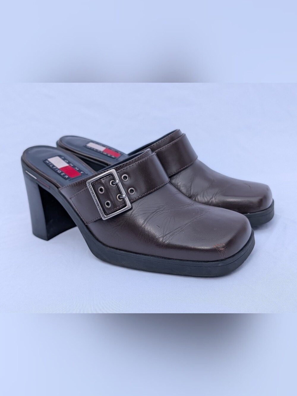 Vintage Tommy Hilfiger Leather Square Toe Heeled Clogs